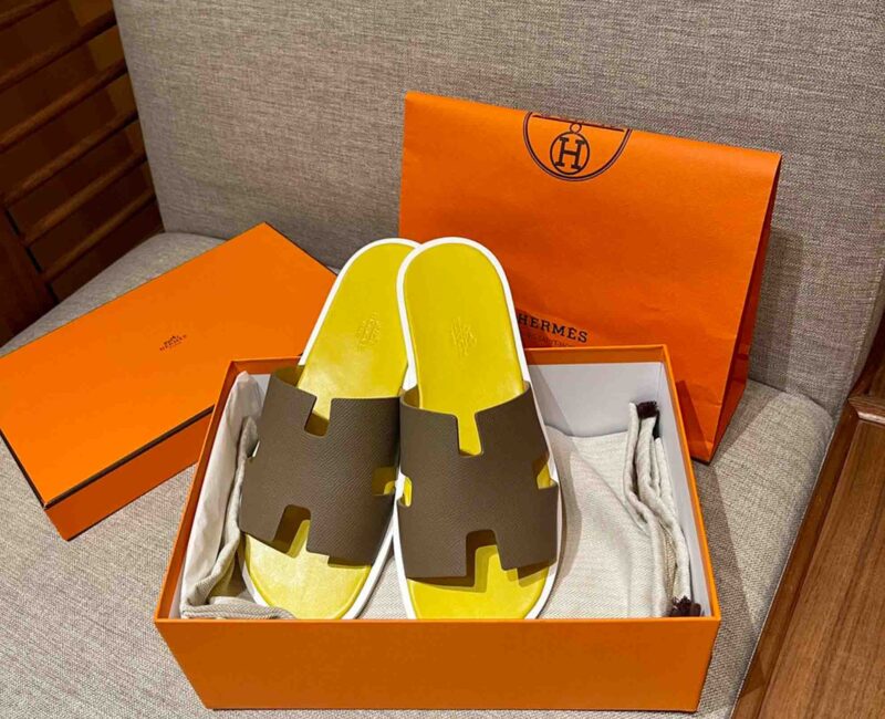 Dép Hermes Nam da Epsom (Sần) Nâu Lót Vàng Best Quality