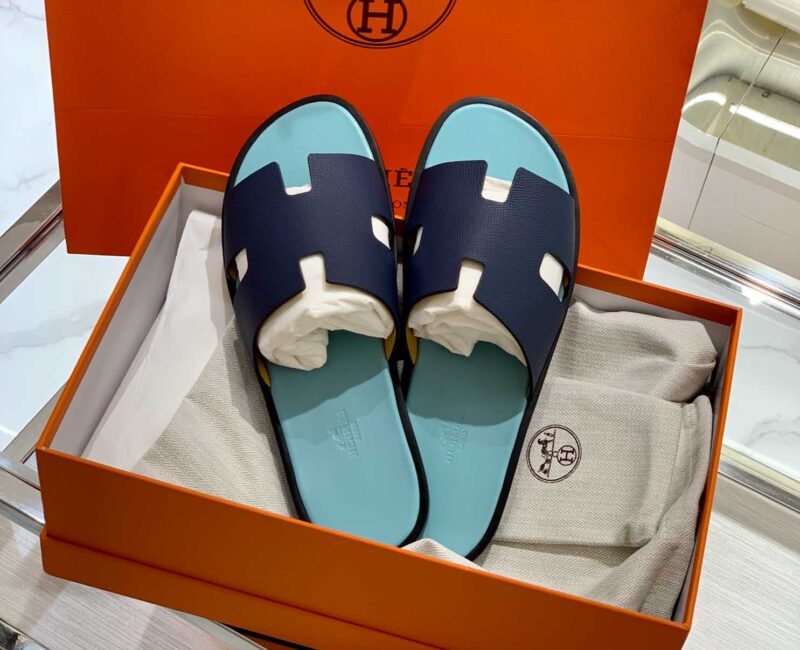 Dép Hermes Nam da Epsom (Sần) Navy Lót Xanh Mint Best Quality