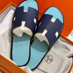 Dép Hermes Nam da Epsom (Sần) Navy Lót Xanh Mint Best Quality