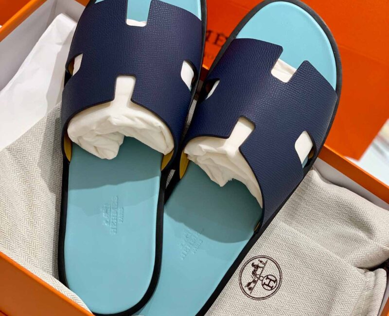 Dép Hermes Nam da Epsom (Sần) Navy Lót Xanh Mint Best Quality