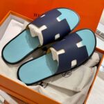 Dép Hermes Nam da Epsom (Sần) Navy Lót Xanh Mint Best Quality