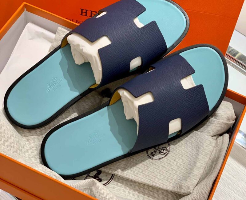 Dép Hermes Nam da Epsom (Sần) Navy Lót Xanh Mint Best Quality