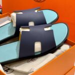 Dép Hermes Nam da Epsom (Sần) Navy Lót Xanh Mint Best Quality