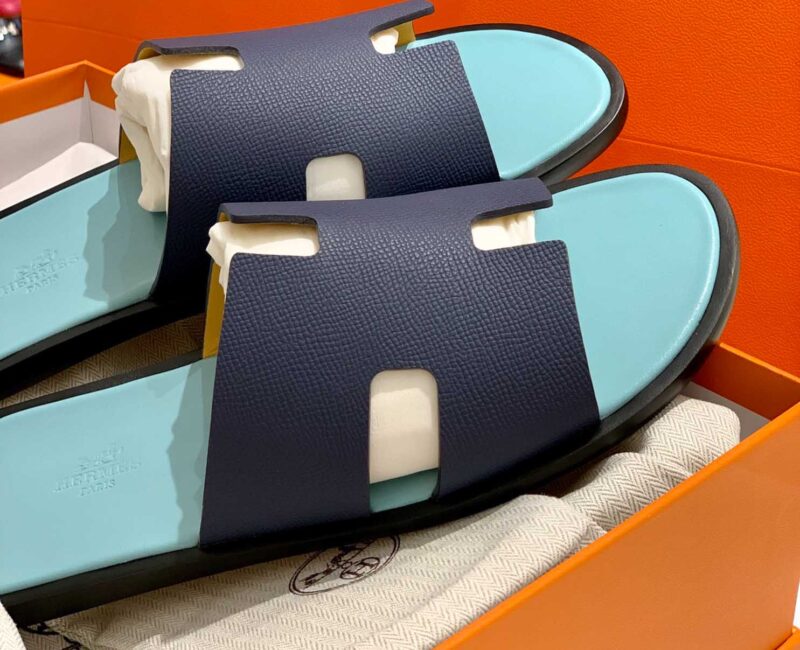 Dép Hermes Nam da Epsom (Sần) Navy Lót Xanh Mint Best Quality