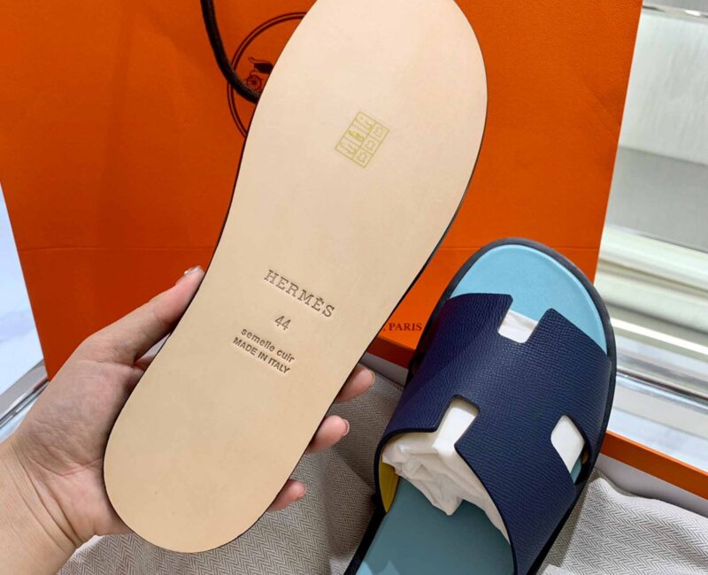 Dép Hermes Nam da Epsom (Sần) Navy Lót Xanh Mint Best Quality