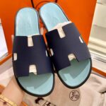 Dép Hermes Nam da Epsom (Sần) Navy Lót Xanh Mint Best Quality