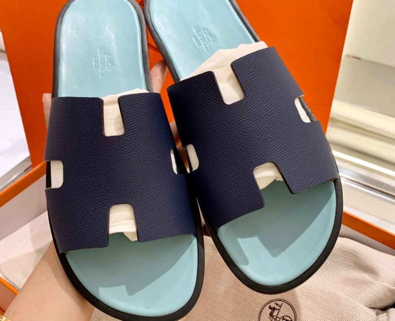 Dép Hermes Nam da Epsom (Sần) Navy Lót Xanh Mint Best Quality