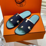 Dép Hermes Nam da Epsom (Sần) Navy Lót Xanh Mint Best Quality