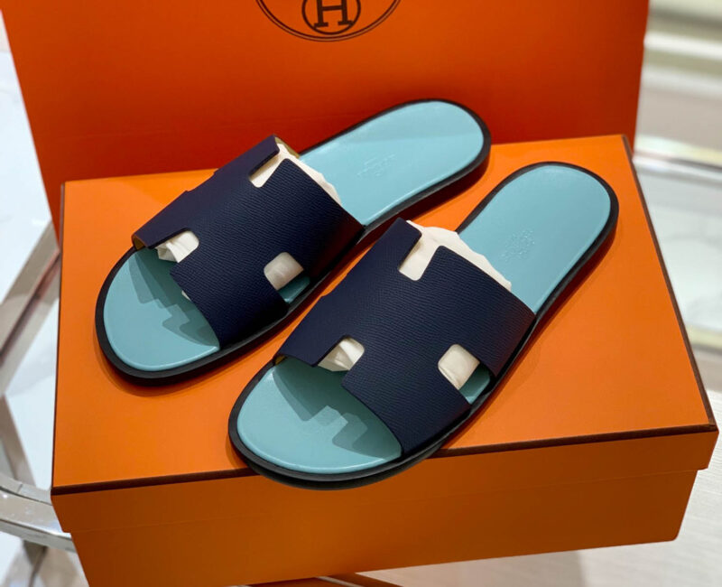 Dép Hermes Nam da Epsom (Sần) Navy Lót Xanh Mint Best Quality