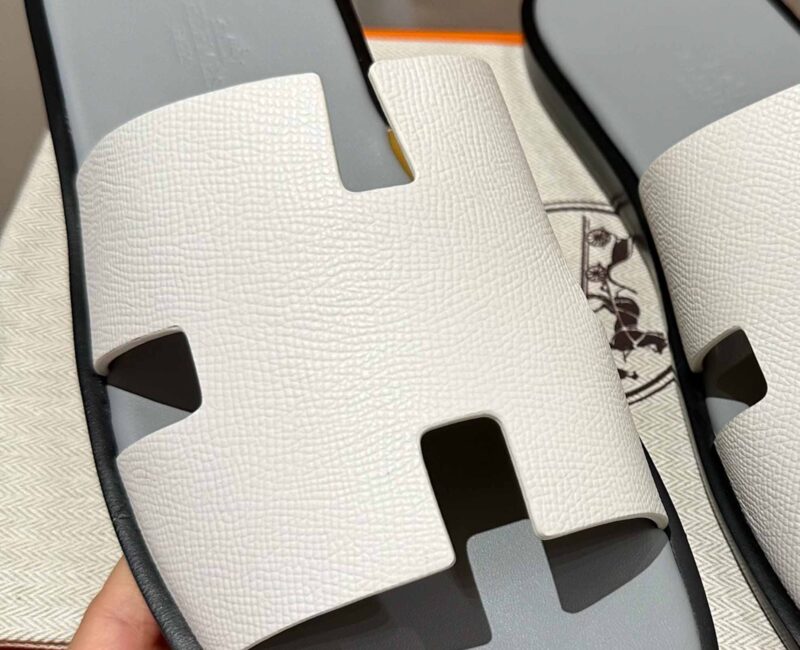 Dép Hermes Nam da Epsom (Sần) Trắng Lót Xám Best Quality