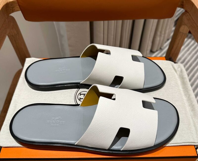 Dép Hermes Nam da Epsom (Sần) Trắng Lót Xám Best Quality