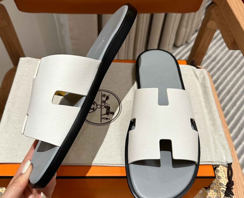 Dép Hermes Nam da Epsom (Sần) Trắng Lót Xám Best Quality