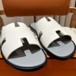 Dép Hermes Nam da Epsom (Sần) Trắng Lót Xám Best Quality