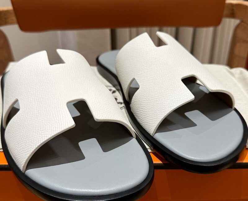 Dép Hermes Nam da Epsom (Sần) Trắng Lót Xám Best Quality