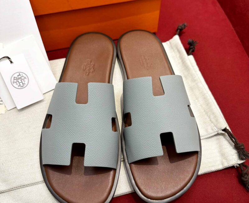 Dép Hermes Nam da Epsom (Sần) Xám Lót Nâu Best Quality