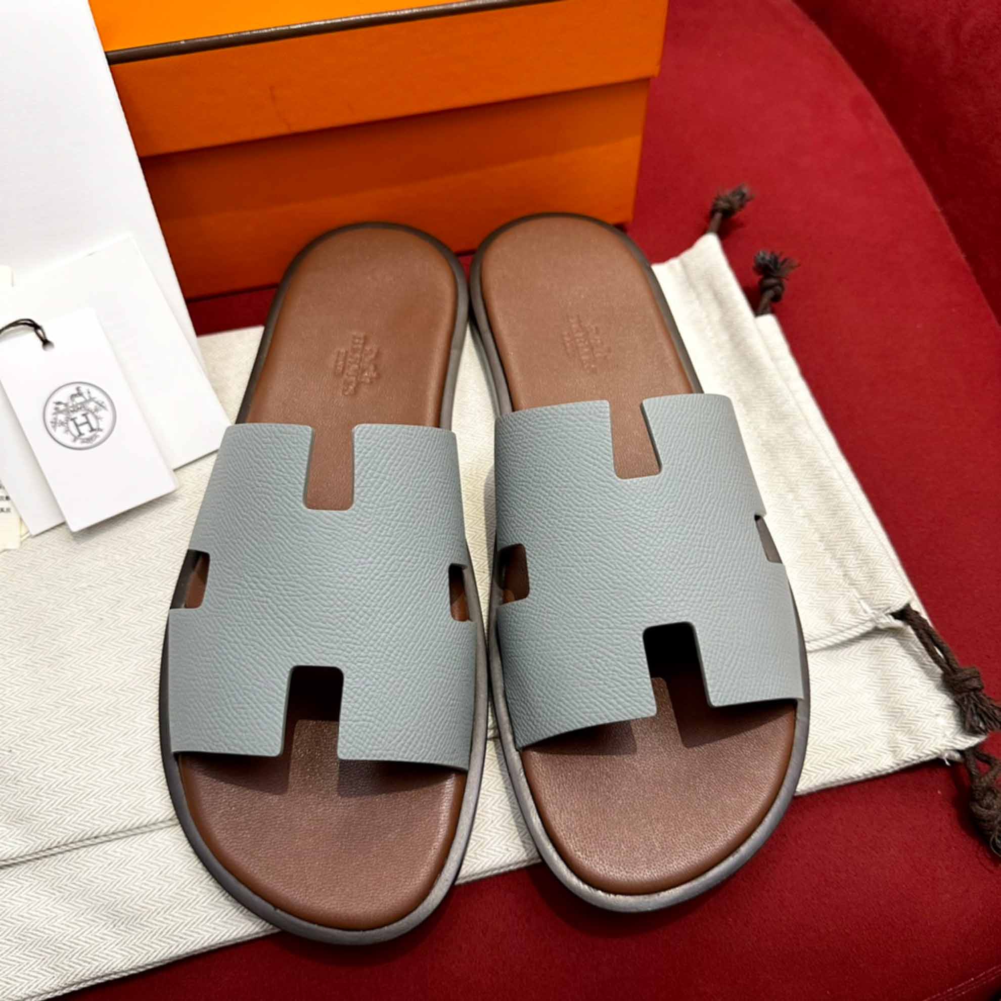 Dép Hermes Nam da Epsom (Sần) Xám Lót Nâu Best Quality