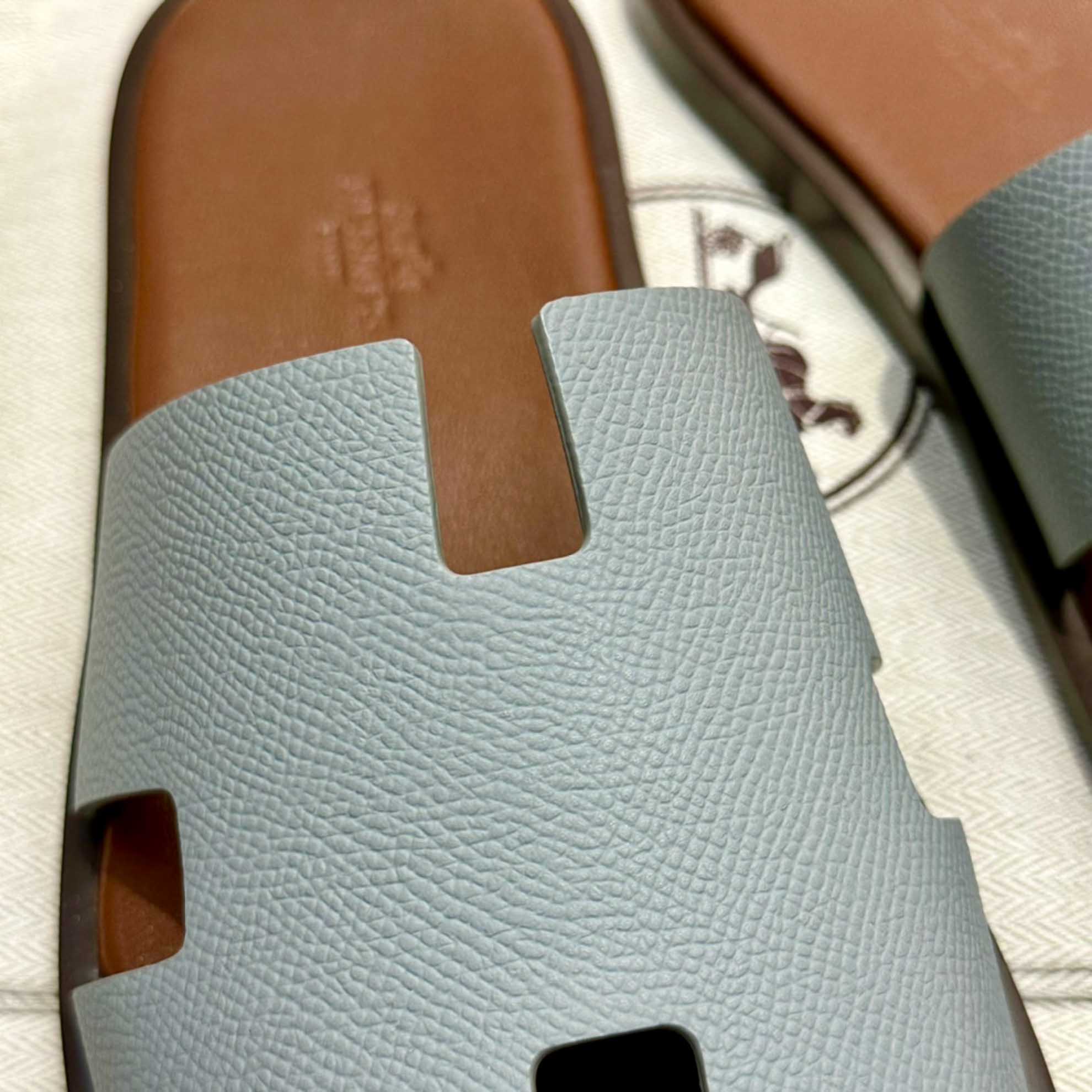 Dép Hermes Nam da Epsom (Sần) Xám Lót Nâu Best Quality