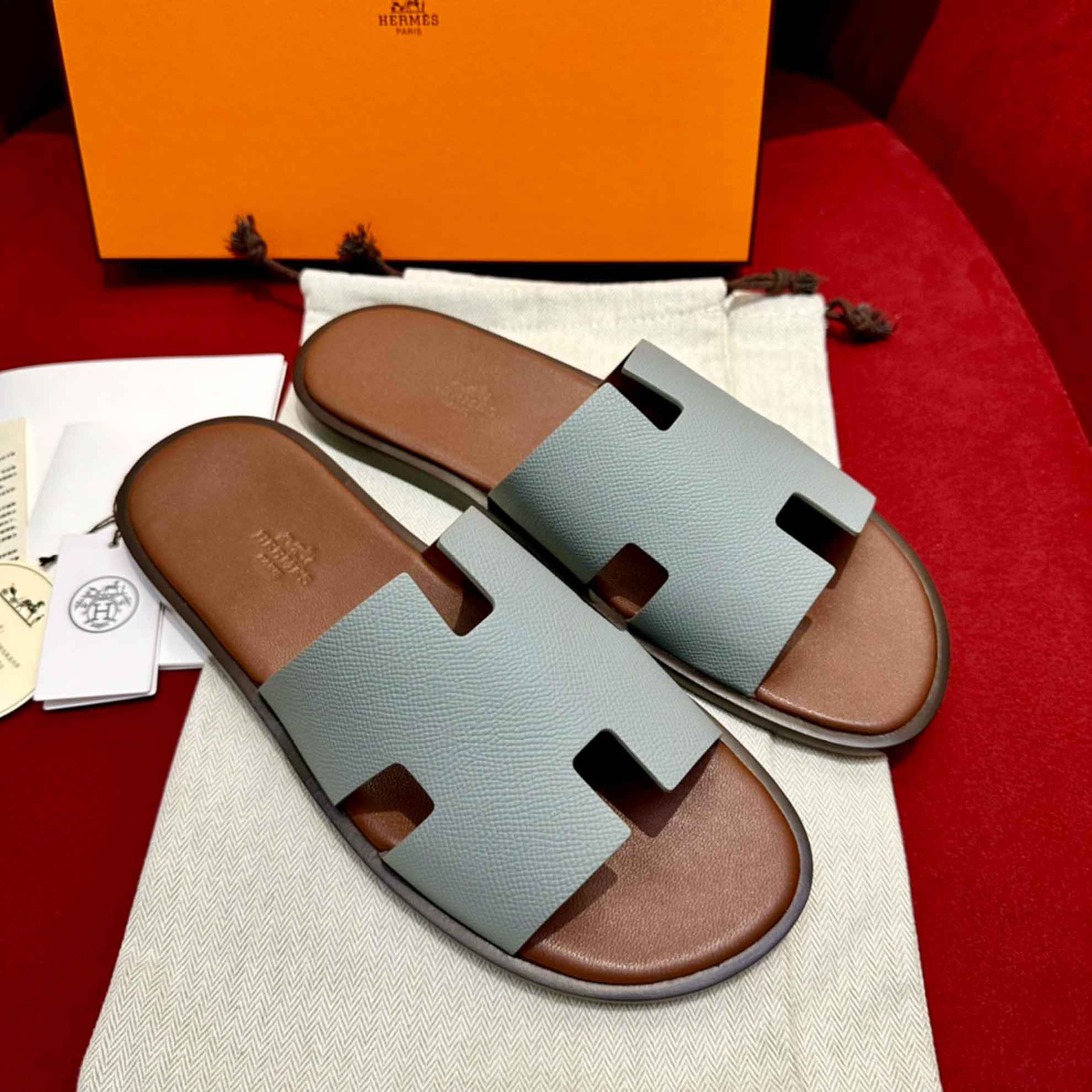 Dép Hermes Nam da Epsom (Sần) Xám Lót Nâu Best Quality