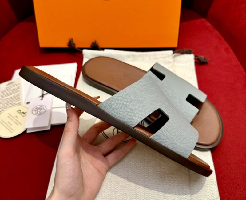 Dép Hermes Nam da Epsom (Sần) Xám Lót Nâu Best Quality