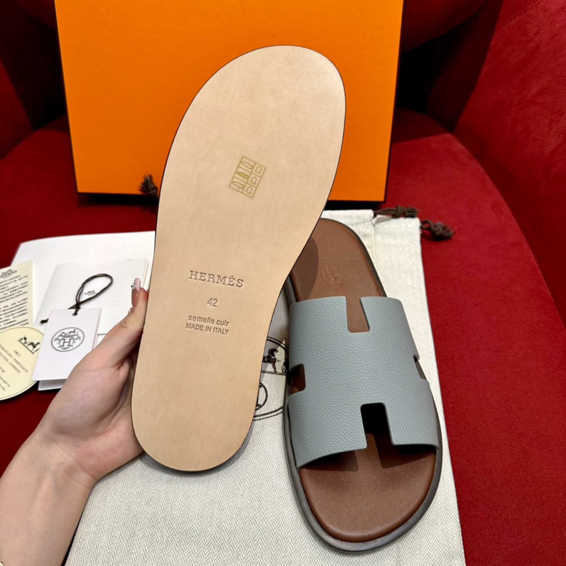 Dép Hermes Nam da Epsom (Sần) Xám Lót Nâu Best Quality