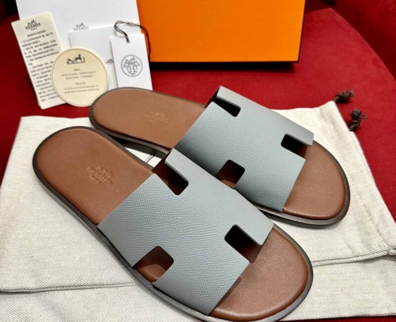 Dép Hermes Nam da Epsom (Sần) Xám Lót Nâu Best Quality