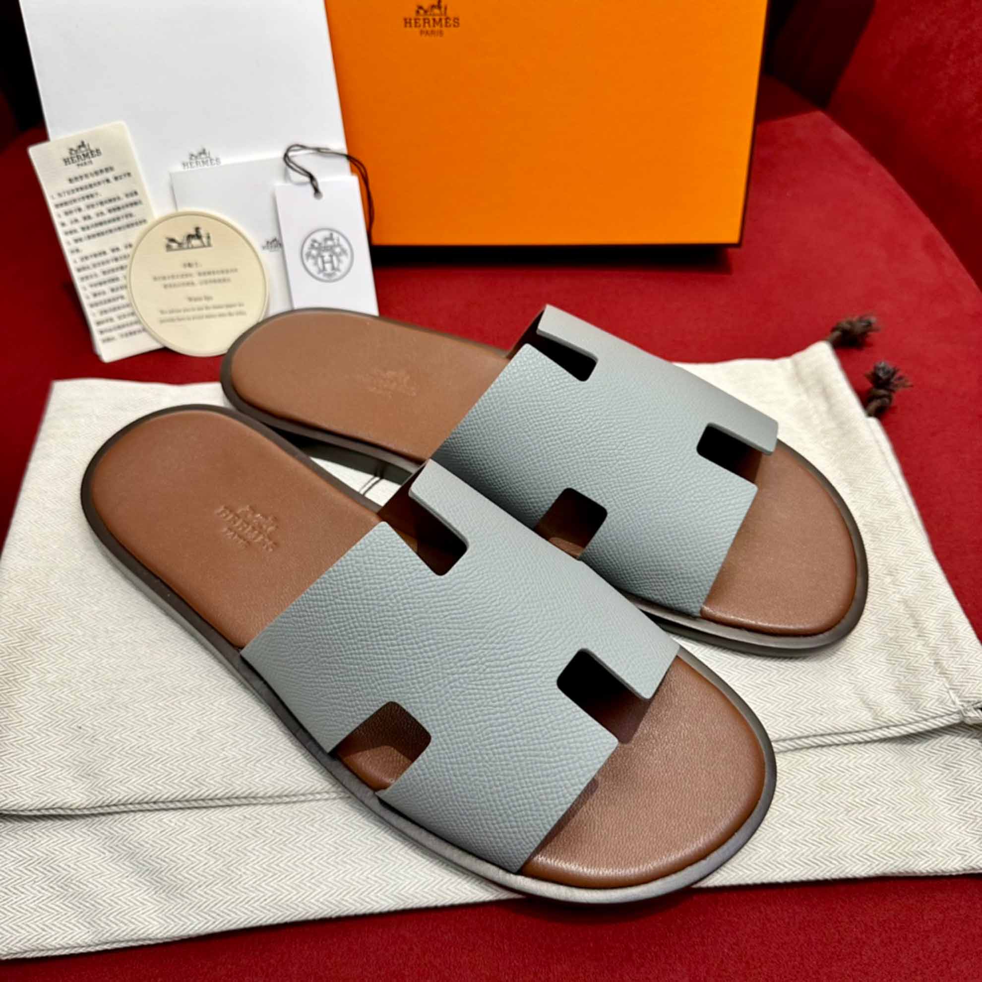 Dép Hermes Nam da Epsom (Sần) Xám Lót Nâu Best Quality