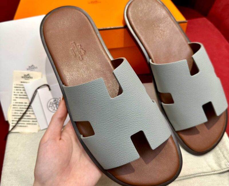 Dép Hermes Nam da Epsom (Sần) Xám Lót Nâu Best Quality