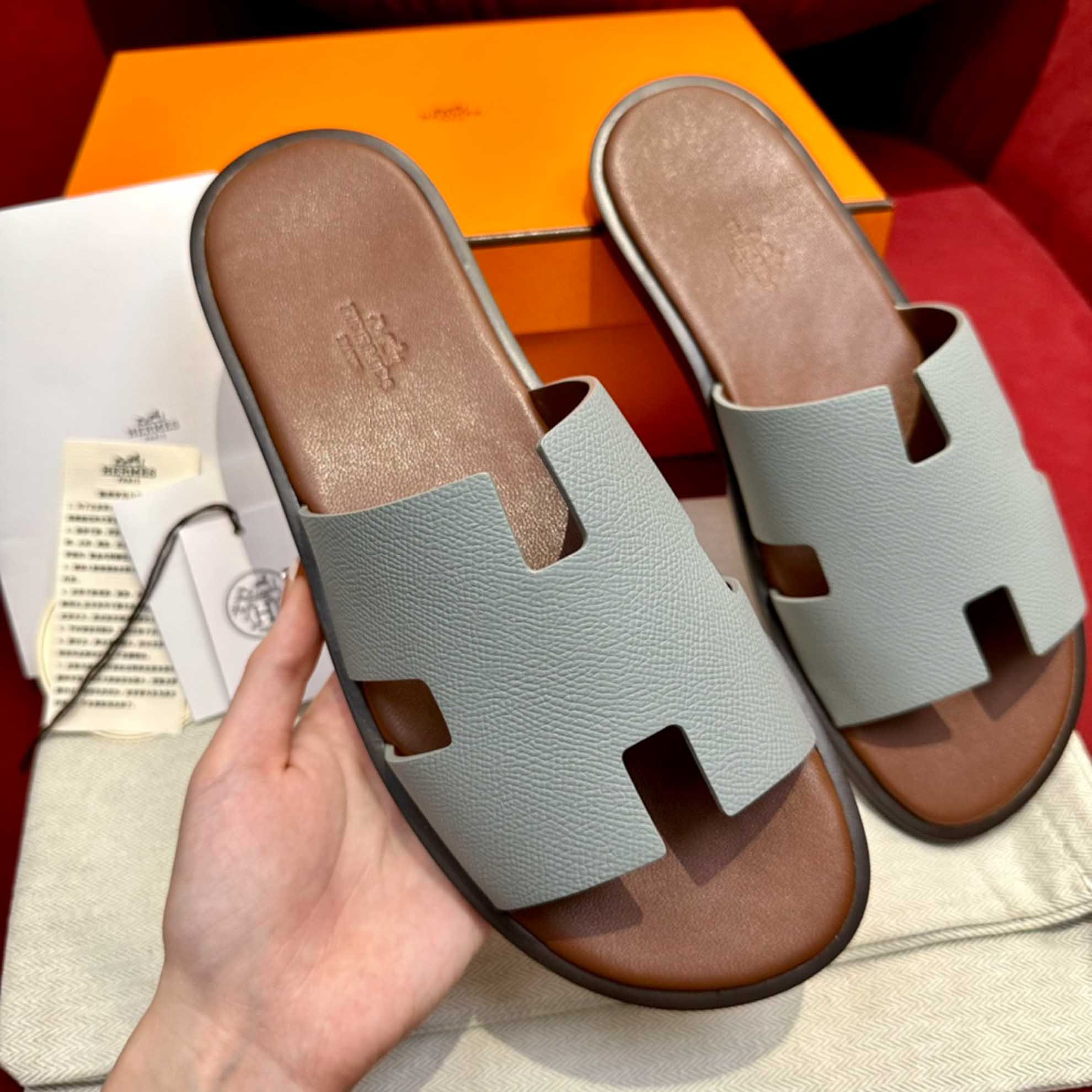 Dép Hermes Nam da Epsom (Sần) Xám Lót Nâu Best Quality