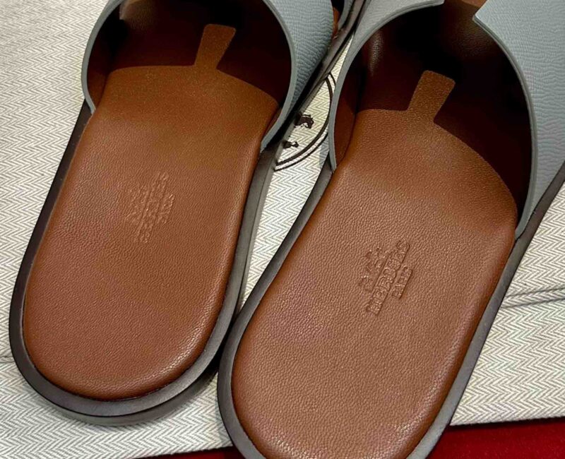 Dép Hermes Nam da Epsom (Sần) Xám Lót Nâu Best Quality