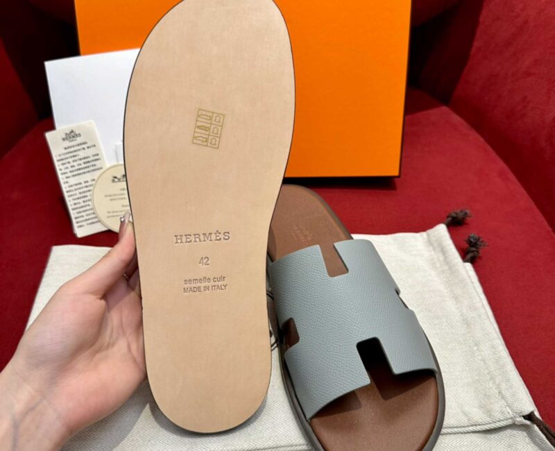 Dép Hermes Nam da Epsom (Sần) Xám Lót Nâu Best Quality