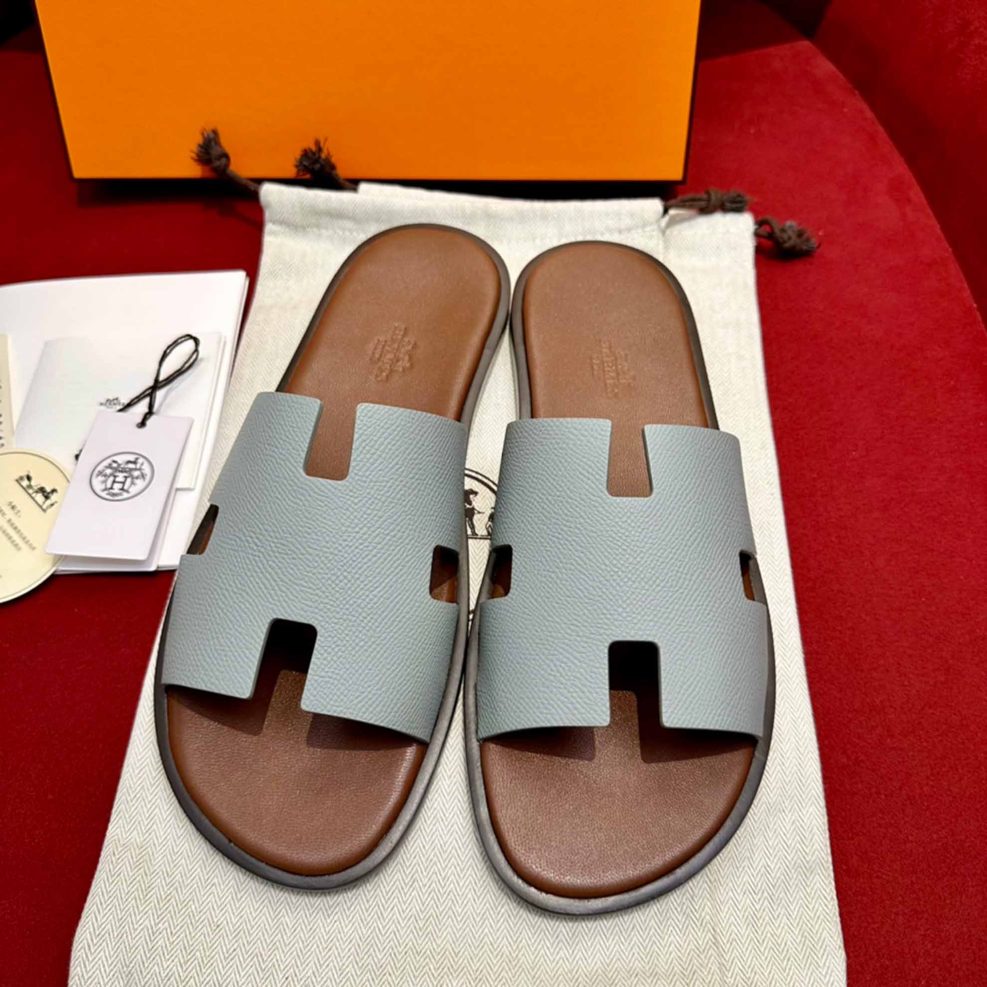 Dép Hermes Nam da Epsom (Sần) Xám Lót Nâu Best Quality