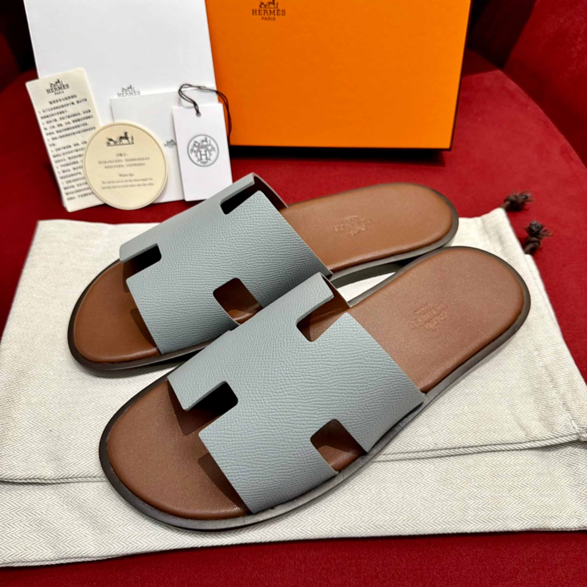 Dép Hermes Nam da Epsom (Sần) Xám Lót Nâu Best Quality