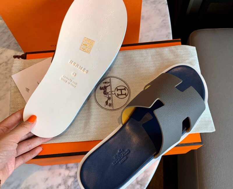 Dép Hermes Nam da Epsom (Sần) Xám Lót Xanh Best Quality