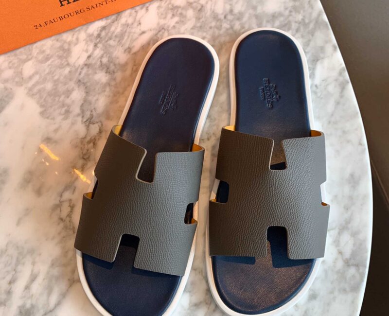 Dép Hermes Nam da Epsom (Sần) Xám Lót Xanh Best Quality