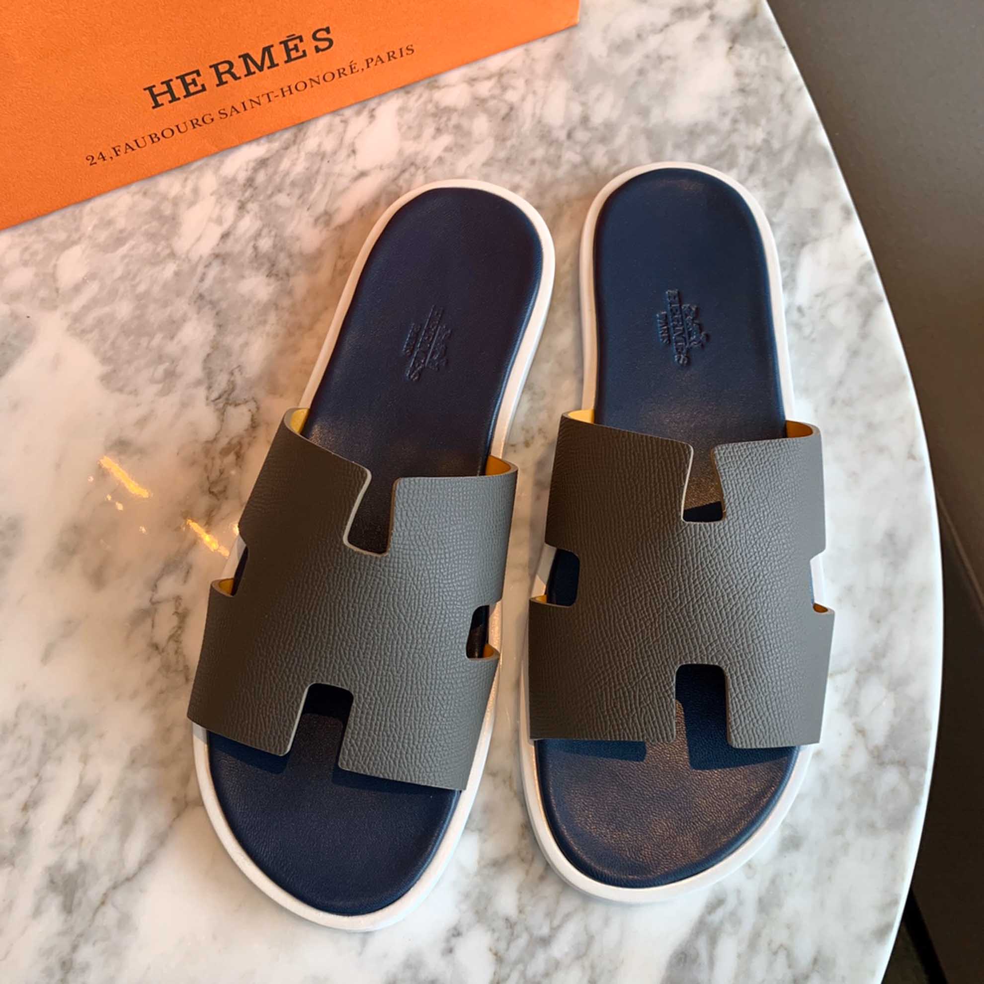 Dép Hermes Nam da Epsom (Sần) Xám Lót Xanh Best Quality