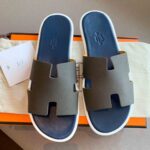 Dép Hermes Nam da Epsom (Sần) Xám Lót Xanh Best Quality