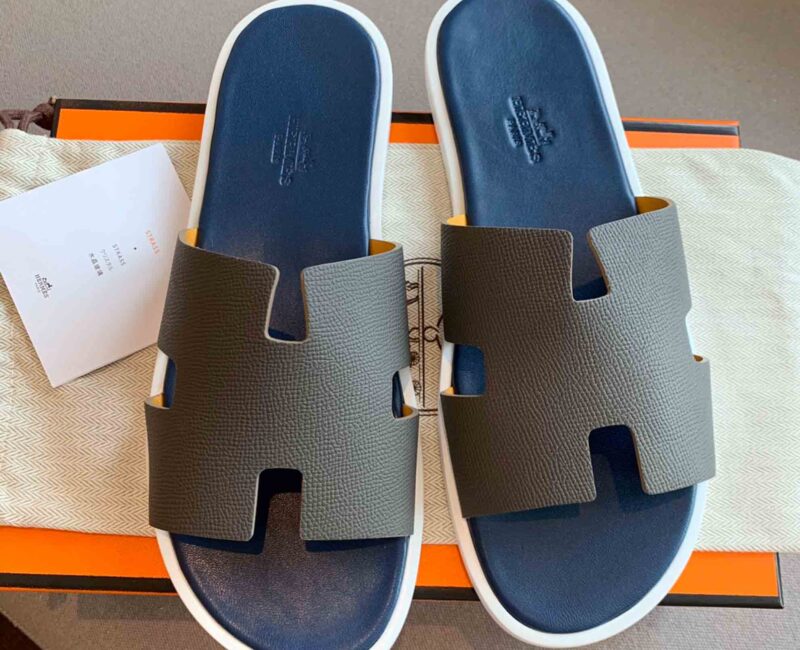 Dép Hermes Nam da Epsom (Sần) Xám Lót Xanh Best Quality