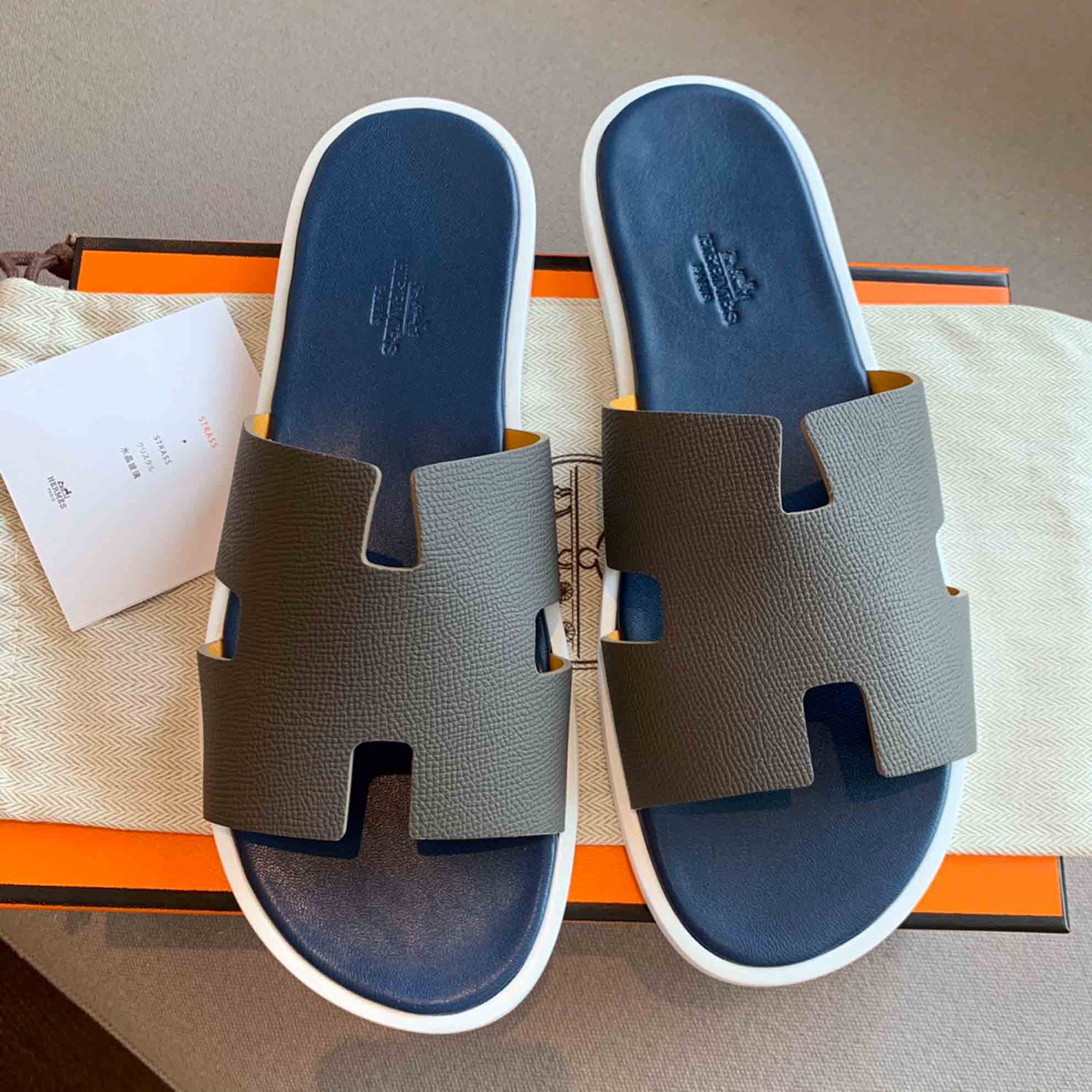 Dép Hermes Nam da Epsom (Sần) Xám Lót Xanh Best Quality