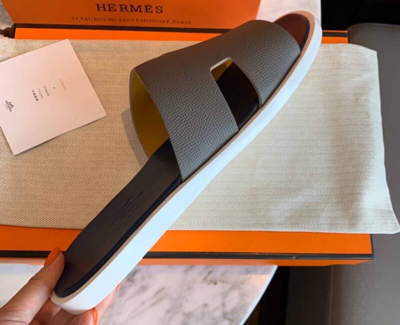 Dép Hermes Nam da Epsom (Sần) Xám Lót Xanh Best Quality