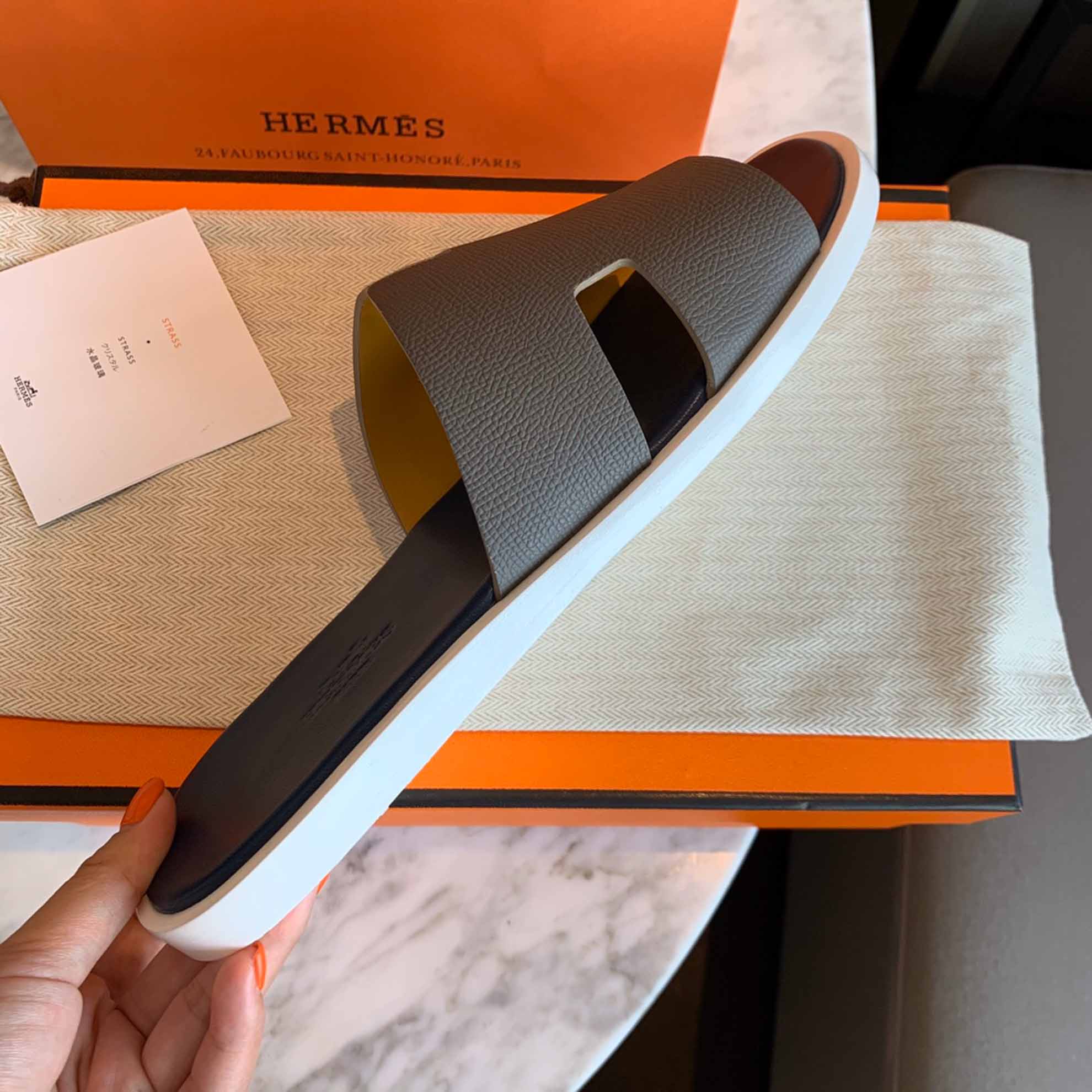 Dép Hermes Nam da Epsom (Sần) Xám Lót Xanh Best Quality