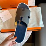 Dép Hermes Nam da Epsom (Sần) Xám Lót Xanh Best Quality
