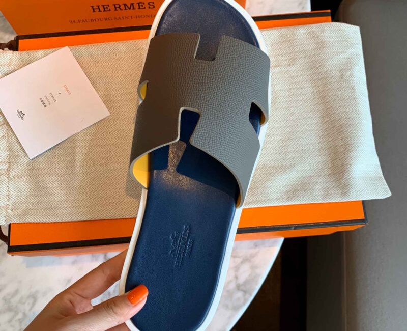 Dép Hermes Nam da Epsom (Sần) Xám Lót Xanh Best Quality