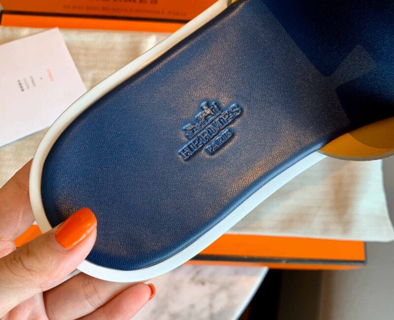 Dép Hermes Nam da Epsom (Sần) Xám Lót Xanh Best Quality