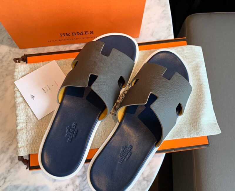 Dép Hermes Nam da Epsom (Sần) Xám Lót Xanh Best Quality