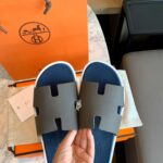 Dép Hermes Nam da Epsom (Sần) Xám Lót Xanh Best Quality