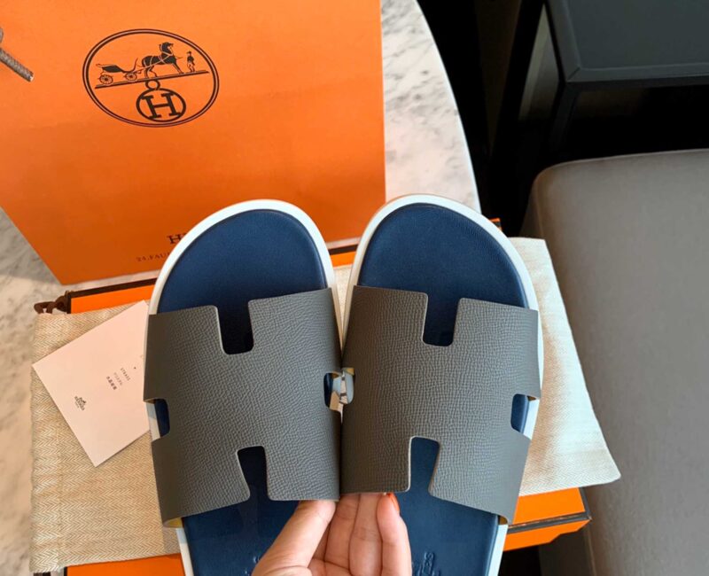 Dép Hermes Nam da Epsom (Sần) Xám Lót Xanh Best Quality
