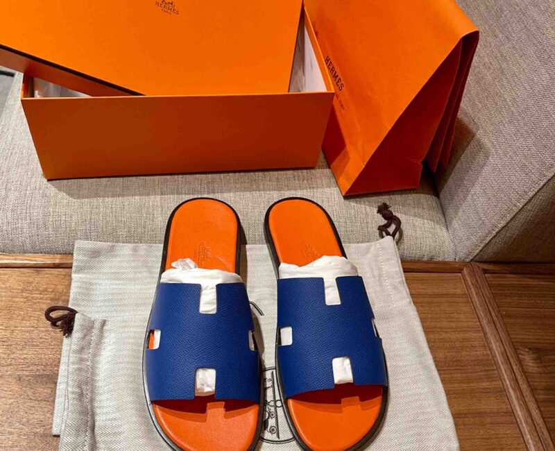 Dép Hermes Nam da Epsom (Sần) Xanh Lót Cam Best Quality