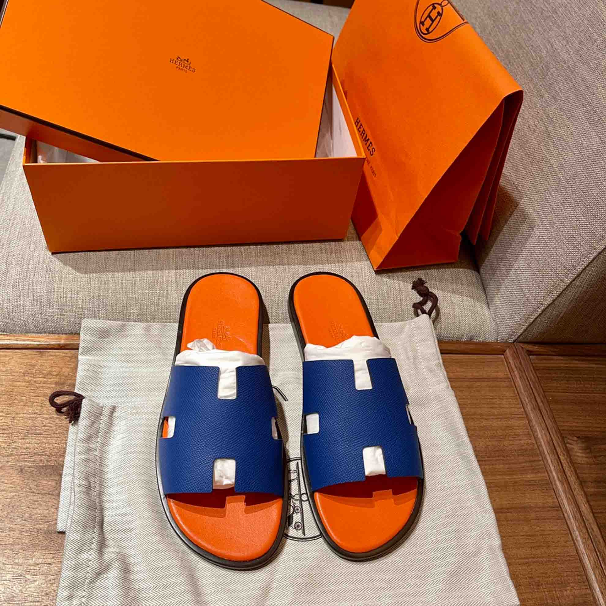 Dép Hermes Nam da Epsom (Sần) Xanh Lót Cam Best Quality