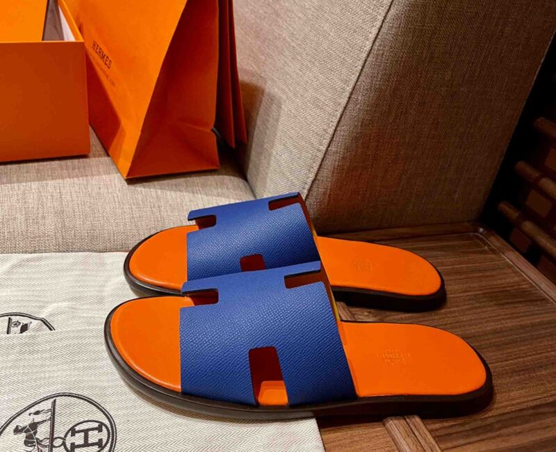 Dép Hermes Nam da Epsom (Sần) Xanh Lót Cam Best Quality