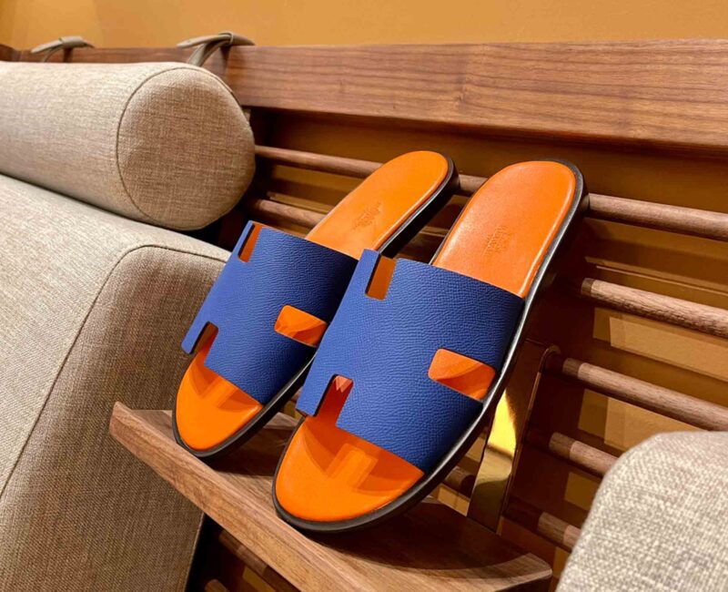 Dép Hermes Nam da Epsom (Sần) Xanh Lót Cam Best Quality